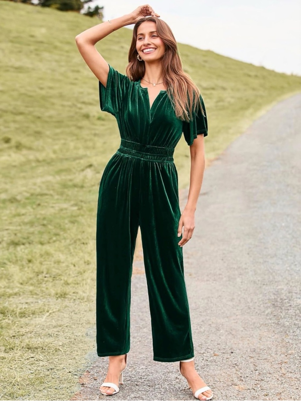 Simplee Green Velvet Jumpsuit Dressy V Neck Elastic Waist Pockets NWT #F Elegant
